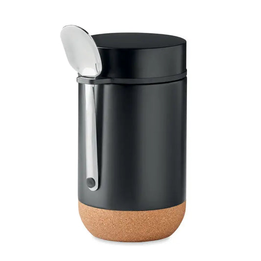 Borcan de depozitare cu perete dublu 400 ml negru mat cu baza de pluta si lingurita argintie atasata