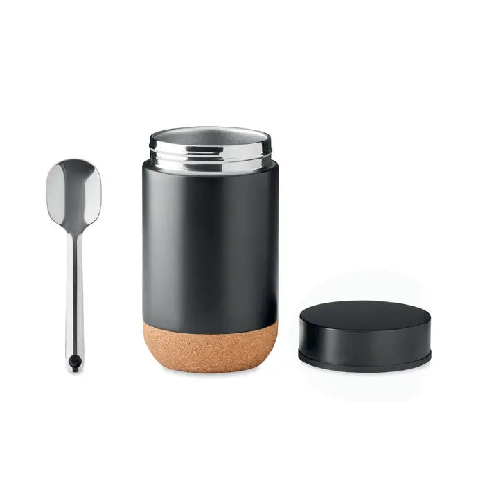 Borcan de depozitare cu perete dublu 400 ml negru izolat cu baza de plută și capac inoxidabil cu linguriță asortată