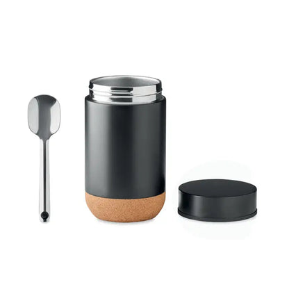 Borcan de depozitare cu perete dublu 400 ml negru izolat cu baza de plută și capac inoxidabil cu linguriță asortată