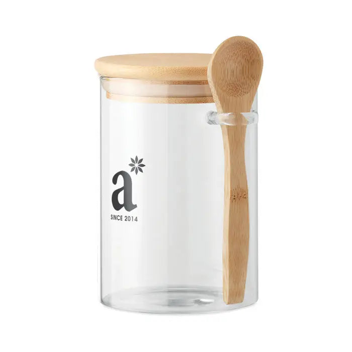 Borcan de sticla cu lingura 600 ml cu capac din lemn deschis si lingura din bambus cu logo negru minimalist