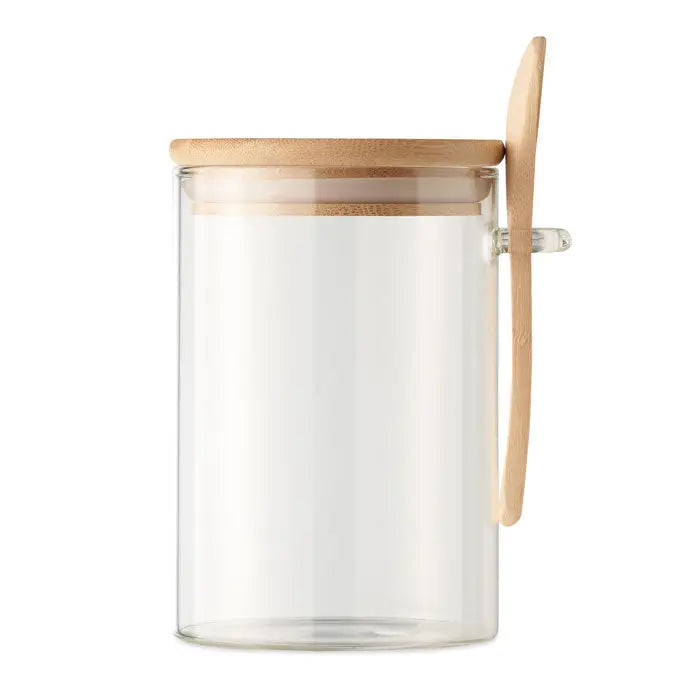 Borcan de sticla 600 ml cu capac din lemn deschis si lingura atasata prin clips transparent