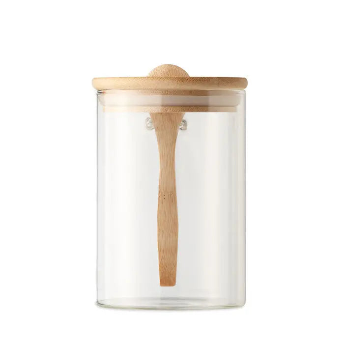 Borcan de sticla transparent cu capac si lingura de lemn deschisa pentru miere 600 ml