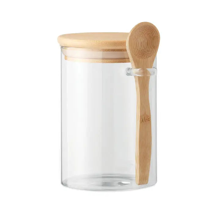 Borcan de sticla transparent cu capac si maner din bambus si lingura din lemn 600 ml