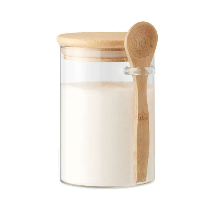 Borcan de sticla transparent cu capac de lemn deschis si lingura de bambus atasata, 600 ml, umplut cu pudra alba
