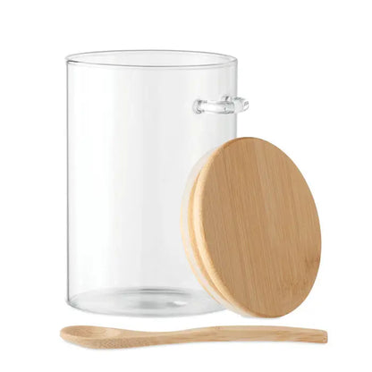 Borcan de sticla transparent cu capac si lingura din bambus de 600 ml pentru depozitare usoara