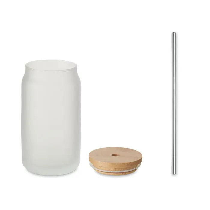 Borcan zidar sublimare 400 ml sticla alba matuita reutilizabila cu capac bambus si pai inoxidabil