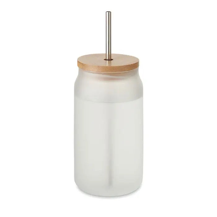 Borcan zidar sublimare 400 ml pahar mat din sticla cu capac bambus si pai inoxidabil