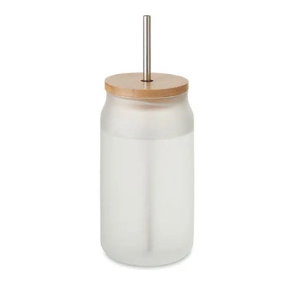 Borcan zidar sublimare 400 ml pahar mat din sticla cu capac bambus si pai inoxidabil