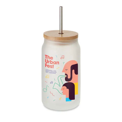 Pahar mat cu capac din bambus si pai din otel inoxidabil cu ilustratii colorate urban fest borcan zidar sublimare 400 ml