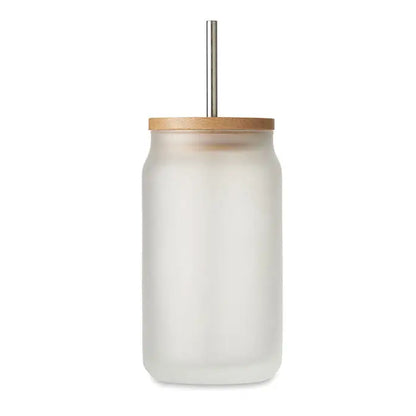 Borcan zidar sublimare 400 ml pahar reutilizabil din sticla mat cu capac din bambus si pai din otel inoxidabil