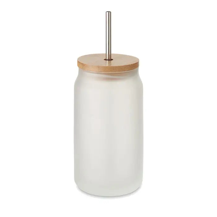 Borcan zidar sublimare 400 ml pahar reutilizabil din sticla matuita cu capac din bambus si pai din otel inoxidabil