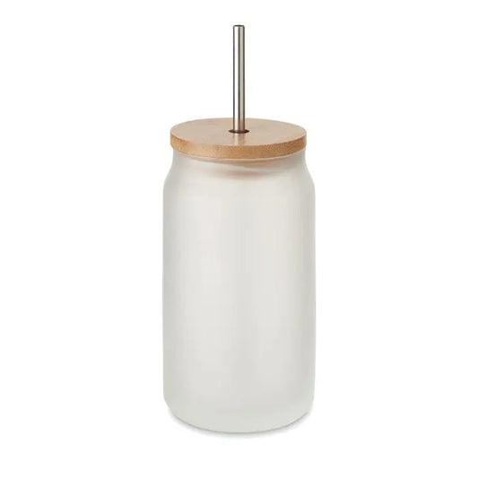 Borcan zidar sublimare 400 ml pahar reutilizabil din sticla matuita cu capac din bambus si pai din otel inoxidabil