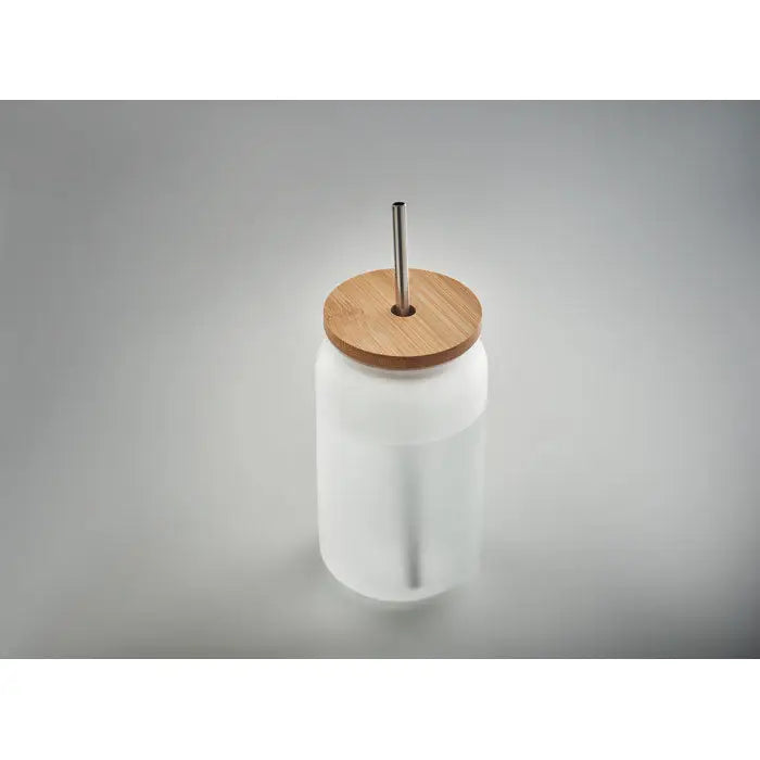 Borcan zidar sublimare 400 ml alb mat cu capac din bambus si pai din otel inoxidabil