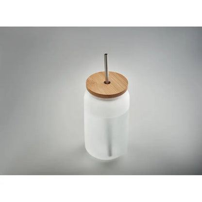 Borcan zidar sublimare 400 ml alb mat cu capac din bambus si pai din otel inoxidabil