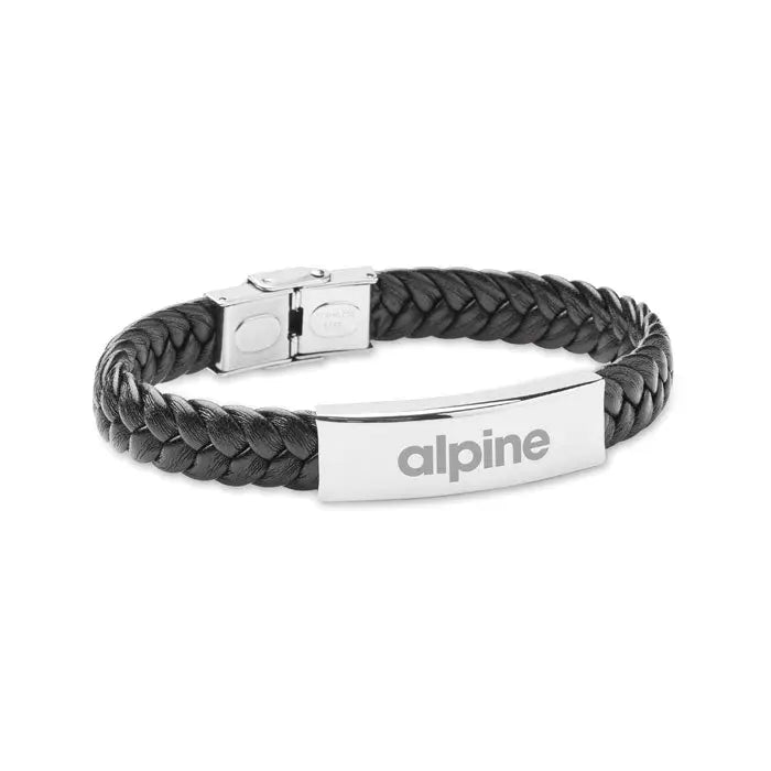 Bratara din piele neagra impletita cu placuta dreptunghiulara argintie gravata alpine si inchizatoare asortata