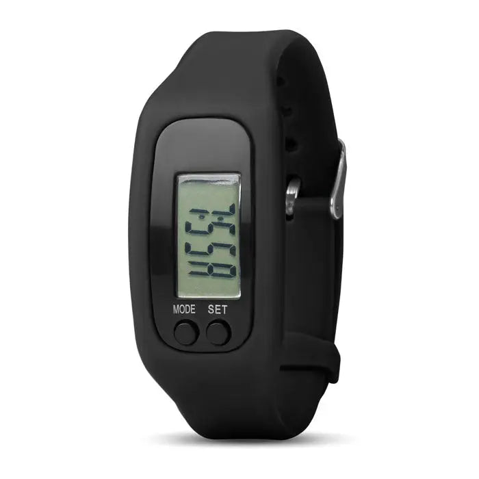 Bratara pedometru neagra din silicon cu ecran digital dreptunghiular afisand ora si data si doua butoane mode si set