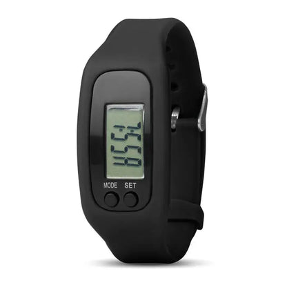 Bratara pedometru neagra din silicon cu ecran digital dreptunghiular afisand ora si data si doua butoane mode si set