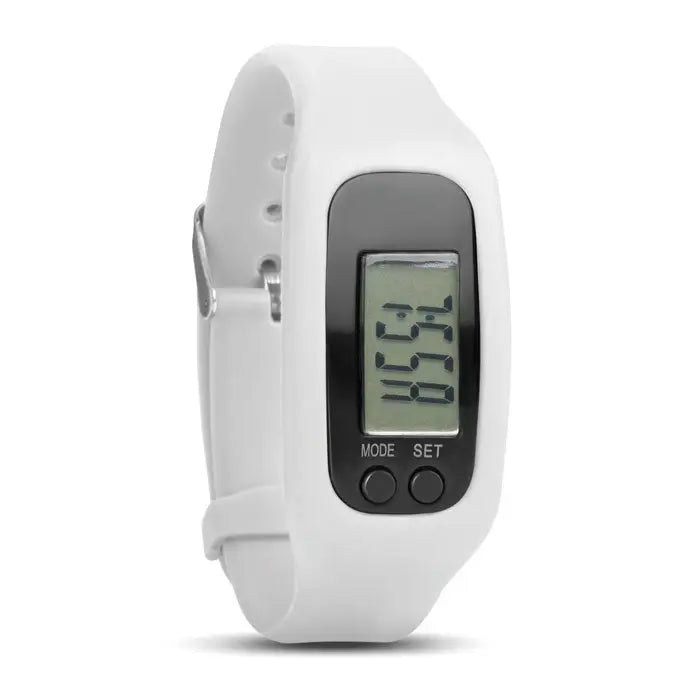 Bratara pedometru alba cu design minimalist si afisaj negru, ce masoara pasii zilnici pentru fitness