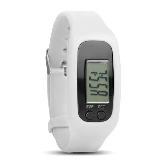 Bratara pedometru alba cu design minimalist si afisaj negru, ce masoara pasii zilnici pentru fitness