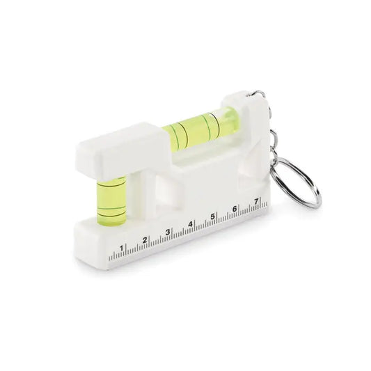 Breloc alb din abs cu nivel magnetic incorporat si rigla integrata pentru masurare precisa