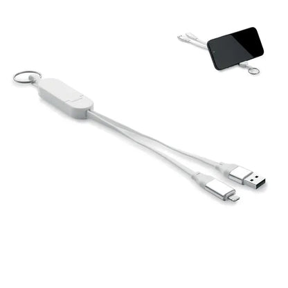 Breloc cablu alb cu doua cabluri usb 60w din abs reciclat cu conector lightning si usb-a standard