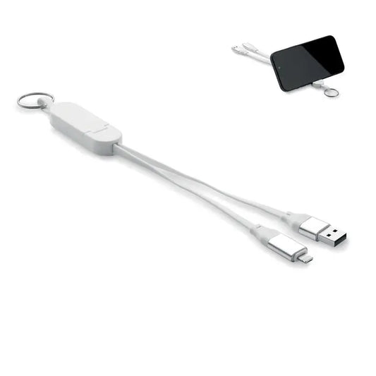 Breloc cablu alb cu doua cabluri usb 60w din abs reciclat cu conector lightning si usb-a standard