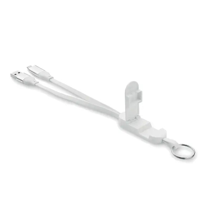 Breloc cablu de încărcare usb dublu alb 60w din abs reciclat cu inel chei și suport pentru telefon