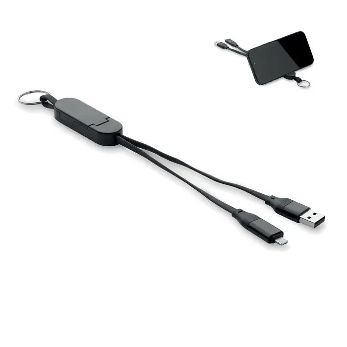 Breloc cablu retractabil negru cu conector usb si lightning realizat din abs reciclat 60w