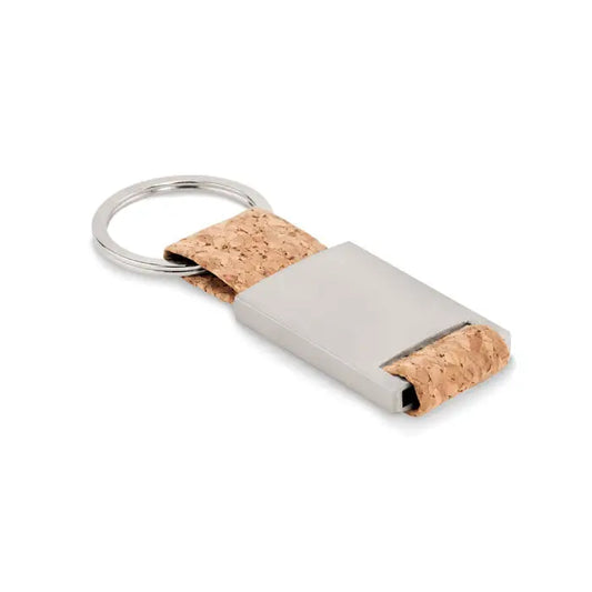 Breloc cu banda de pluta argintiu elegant din metal cu placa metalica rectangulara si curea din pluta naturala
