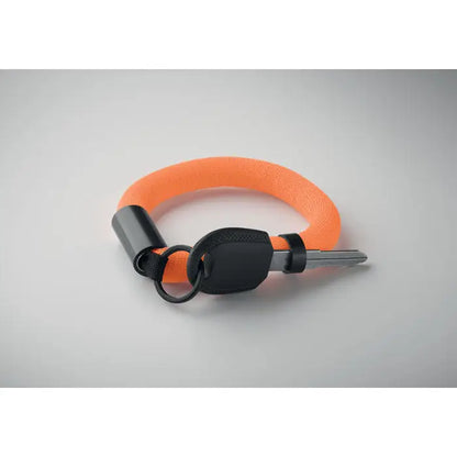 Breloc cu bratara plutitoare portocaliu stralucitor impletit cu clips negru din plastic si breloc metalic atasat