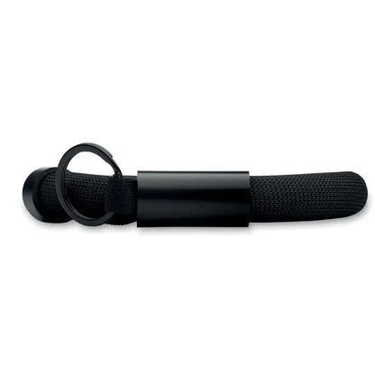 Breloc cu bratara plutitoare din material textil negru cu clema si inel metalic negru mat