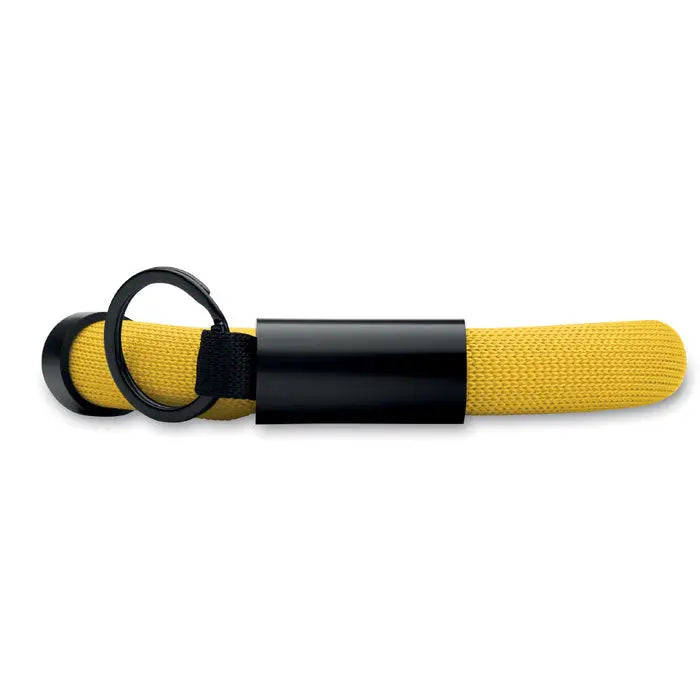 Breloc cu bratara plutitoare din material tesut galben cu inel metalic negru si accesoriu cilindric