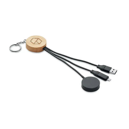 Breloc cu cablu 4 în 1 de 60w din bambus cu trei cabluri negre usb și micro-usb pentru încărcare rapidă