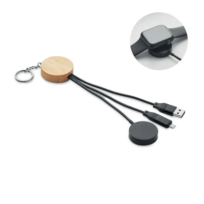 Breloc din bambus cu cablu 4 in 1 de 60w negru cu trei conectori usb si micro-usb