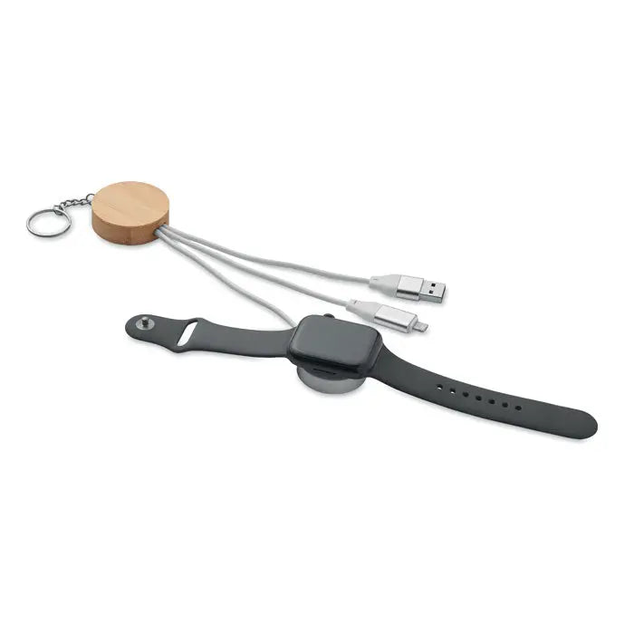Breloc rotund din lemn cu cablu 4 in 1 de 60w cu usb, lightning si usb-c pentru incarcare apple watch
