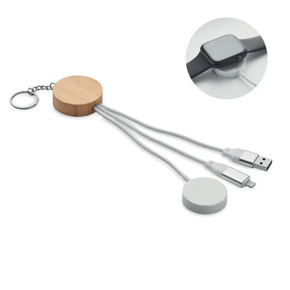 Breloc cu cablu 4 în 1 de 60w din bambus elegant cu trei cabluri albe usb și lightning pentru încărcare comodă mobilă