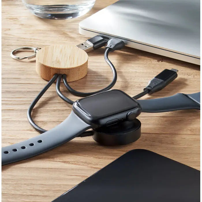 Breloc cu cablu 4 în 1 negru cu încărcător circular și cabluri usb integrate pentru apple watch, laptop și telefon de 60w