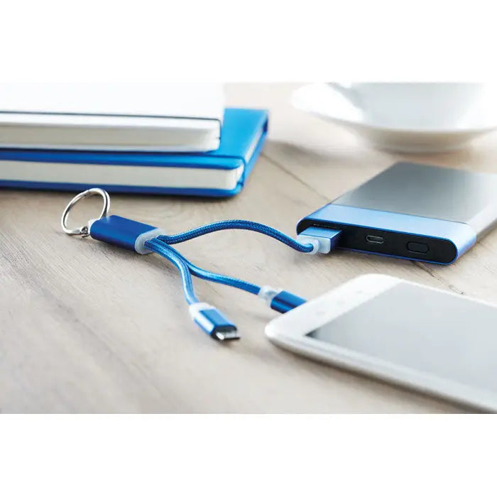 Breloc cu cablu usb tip c albastru cu conectori metalici si cablu impletit pentru incarcare multipla