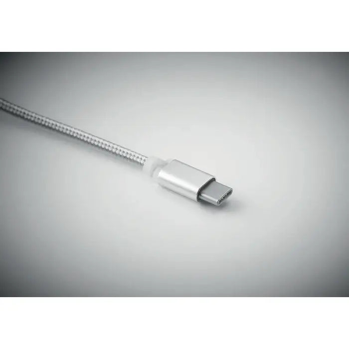 Breloc cu cablu usb tip c argintiu impletit cu conector metalic pentru incarcare si transfer date