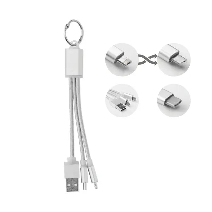Breloc alb cu cablu usb tip c multiport cu conector usb-a micro-usb si type-c pentru incarcare convenabila