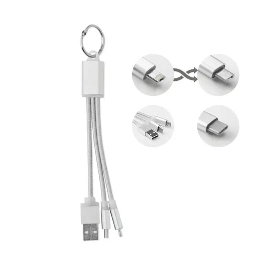 Breloc alb cu cablu usb tip c multiport cu conector usb-a micro-usb si type-c pentru incarcare convenabila