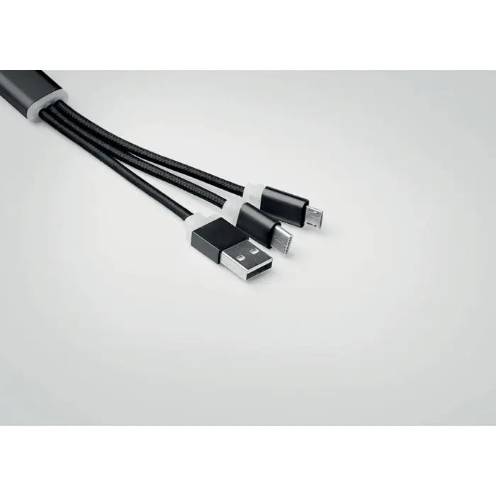 Breloc cu cablu usb tip c negru impletit cu conector usb-a micro-usb si usb-c pentru incarcare multipla