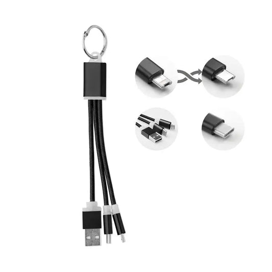 Breloc cu cablu usb tip c negru multiport cu conectori usb-a micro-usb si tip c pentru incarcare si transfer date