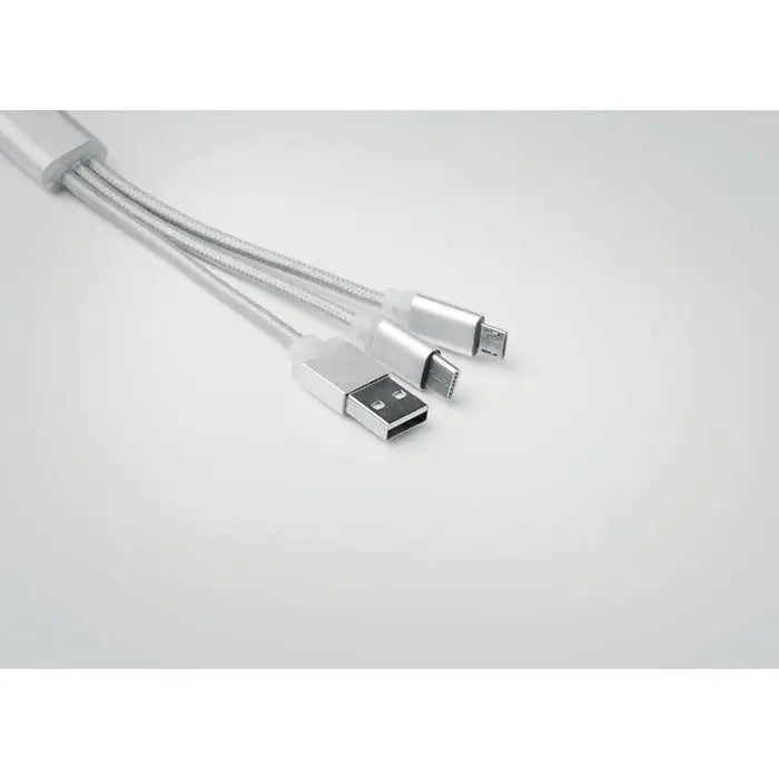 Breloc cu cablu usb tip c argintiu multi-port cu exterior din material textil impletit si conectori metalici usb-a micro-usb si lightning