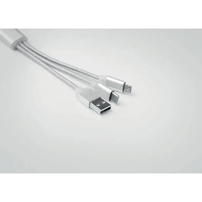 Breloc cu cablu usb tip c argintiu multi-port cu exterior din material textil impletit si conectori metalici usb-a micro-usb si lightning