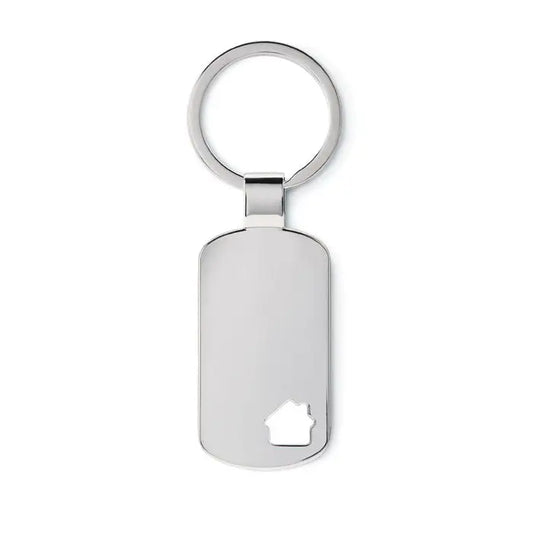 Breloc argintiu din metal cu detaliu casa decupata, ideal pentru chei sau accesorii personale