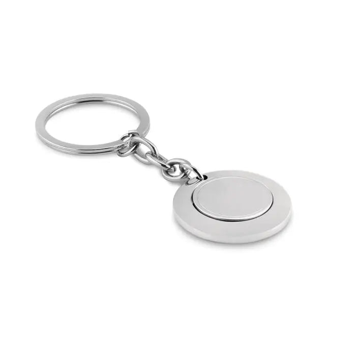 Breloc cu jeton din metal argintiu cu disc circular si lant pentru chei