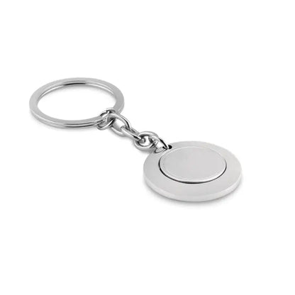 Breloc cu jeton din metal argintiu cu disc circular si lant pentru chei