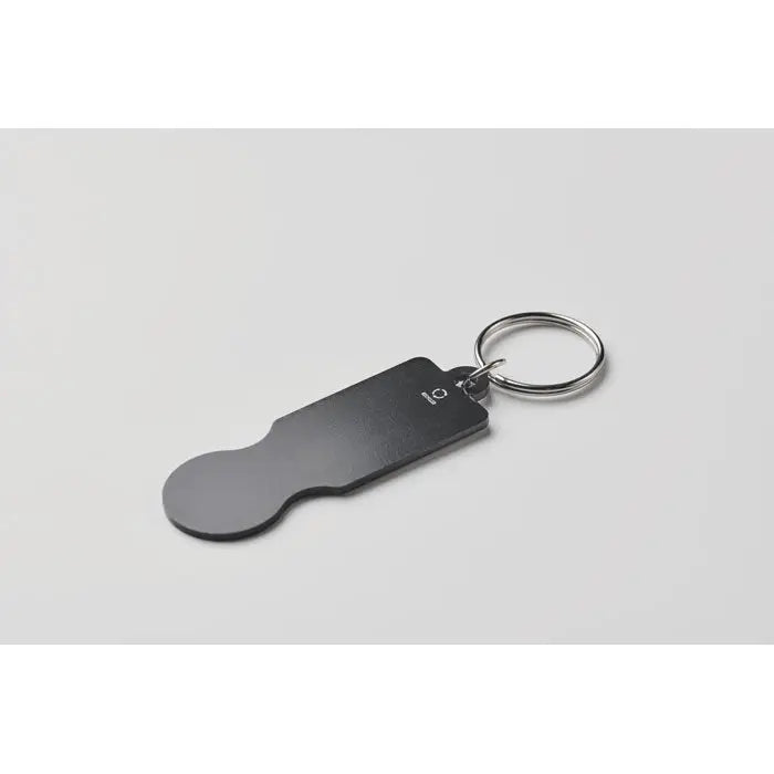 Breloc cu jeton pentru carucior negru mat cu forma ovala alungita si inel metalic argintiu sleek