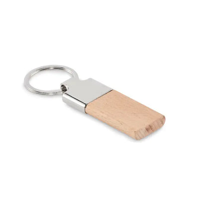 Breloc cu lemn de cauciuc cu inel si conector metalic argintiu lustruit, design elegant si finisaj lucios